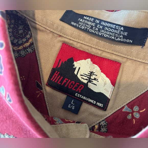 VINTAGE TOMMY HILFIGER Men’s Button Up Short Sleeve Shirt Paisley Print Red L - Picture 8 of 9